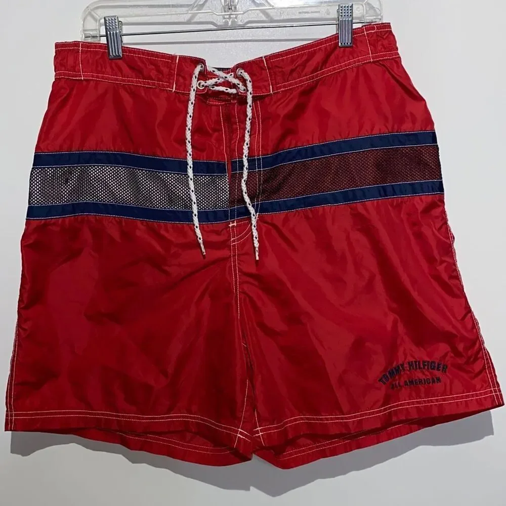 Tommy Hilfiger Mens Red All American Mesh Stripe Swim Trunks Board Shorts‎ L